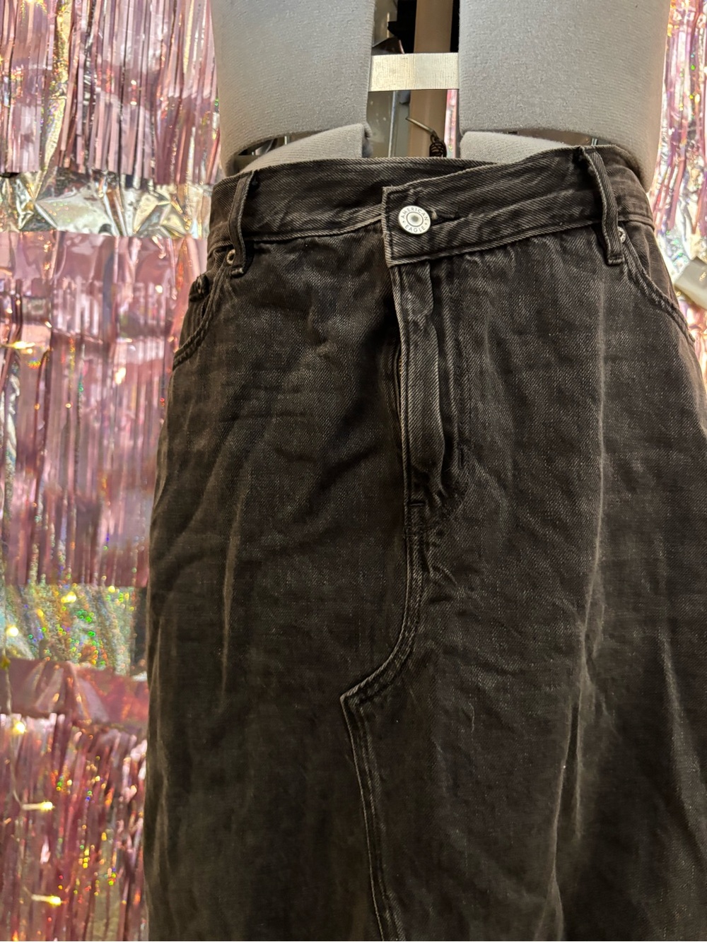 Long Black Washed Denim Skirt
